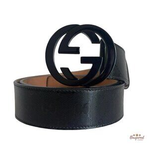 Authentic Gucci Black Imprime Monogram Leather Interlocking G Buckle Belt 90/36